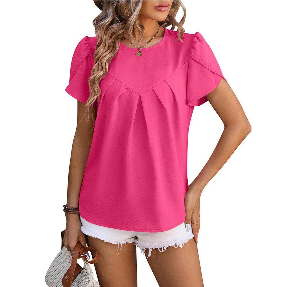Summer new women's casual V-neck chiffon shirt flower sleeve top - rose red - XL