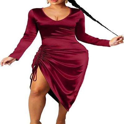 New Women's Pleated Satin Dress V Neck Long Sleeve Drawstring Slit Bodycon - Red - L