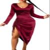 New Women's Pleated Satin Dress V Neck Long Sleeve Drawstring Slit Bodycon - Red - L view 1