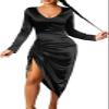 New Women's Pleated Satin Dress V Neck Long Sleeve Drawstring Slit Bodycon - Red - L view 2