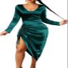 New Women's Pleated Satin Dress V Neck Long Sleeve Drawstring Slit Bodycon - Red - L view 4