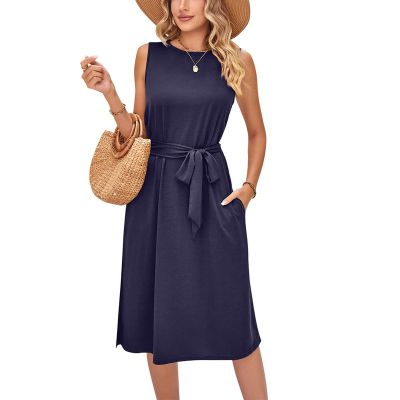 New women's summer casual sleeveless vest belt mid-length dress - navy blue - M