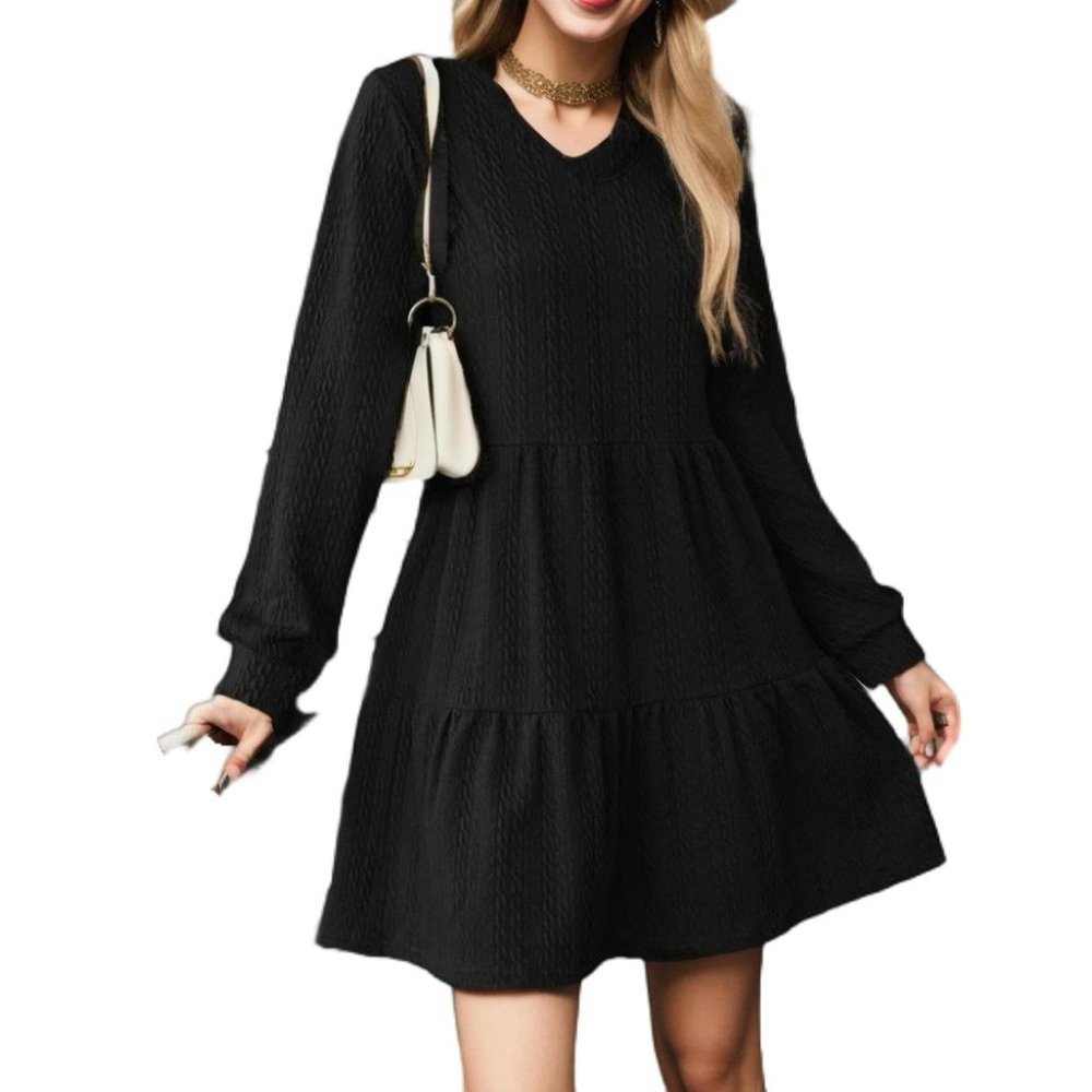 Winter Fashion V-neck Splicing Long Sleeve Loose Dress Women's Clothing-Black-M