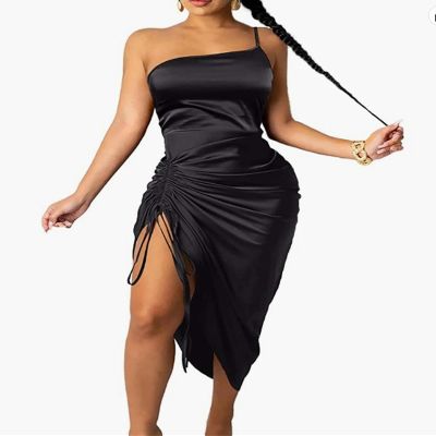 Satin Dress Spaghetti Strap Drawstring Pleated Dress - Black - M