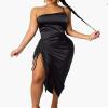 Satin Dress Spaghetti Strap Drawstring Pleated Dress - Black - M view 1