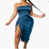 Satin Dress Spaghetti Strap Drawstring Pleated Dress - Black - M view 3