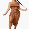 Satin Dress Spaghetti Strap Drawstring Pleated Dress - Black - M view 4
