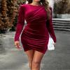 New Winter Round Neck Tight Long Sleeve Dress Women's Clothing - Wine Red - S view 4