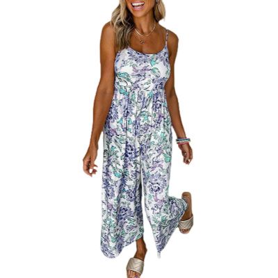 Summer High Waist Wide Leg Jumpsuit Women's Floral Sling Jumpsuit Women's Clothing - Blue - S