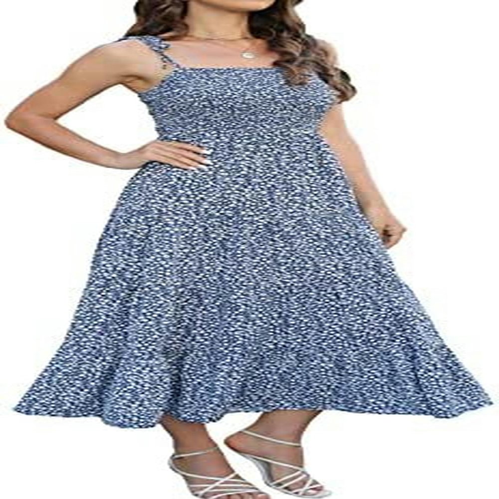 Women's Summer Tie Floral Dress Casual Square Neck Smocked Layered Pleated Beach Dress - Navy Blue Floral - M