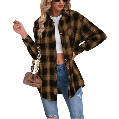 Women's Winter New Casual Boyfriend Style Loose Plaid Shirt - Khaki - S