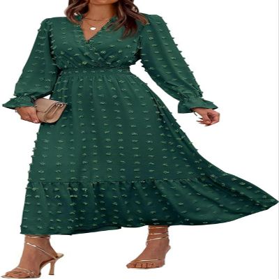 Women's Dress Long Sleeve V Neck Swiss Polka Dot Dress - Dark Green - L