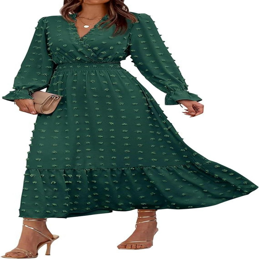 Women's Dress Long Sleeve V Neck Swiss Polka Dot Dress - Dark Green - L
