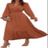 Women's Dress Long Sleeve V Neck Swiss Polka Dot Dress - Dark Green - L view 3