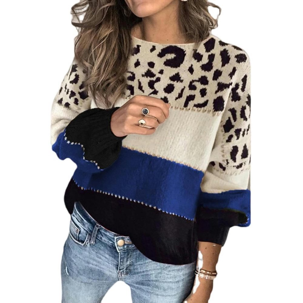 Winter Fashion contrast Sweater Women's Loose Round Neck Bottoming Sweater - Blue - 3XL