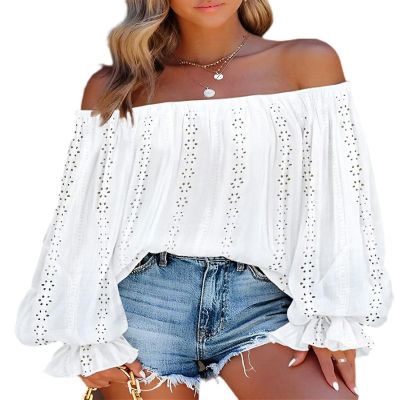Ladies New Hollow One Shoulder Lantern Sleeve Top - White - 5XL