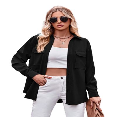 New Casual Fashion Double Pocket Loose Long Sleeve Shirt Women's Clothing-Black-S