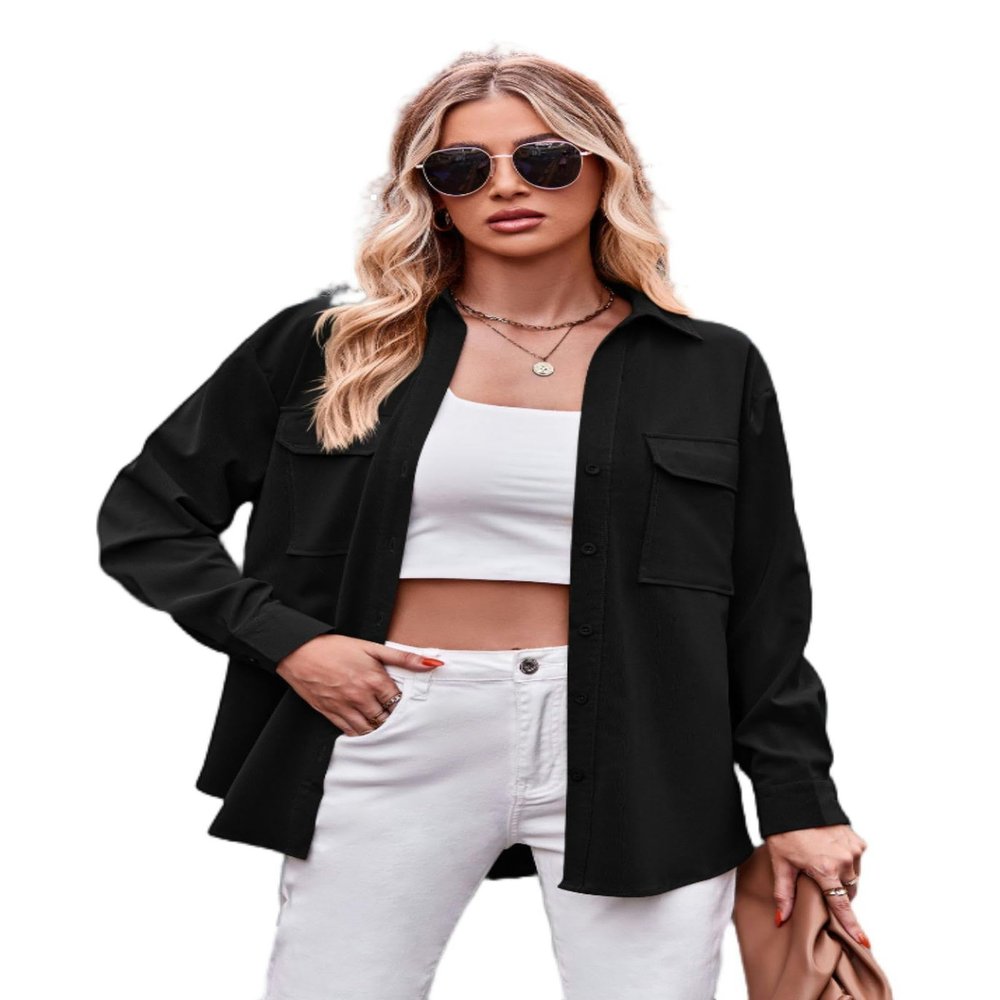 New Casual Fashion Double Pocket Loose Long Sleeve Shirt Women's Clothing-Black-S