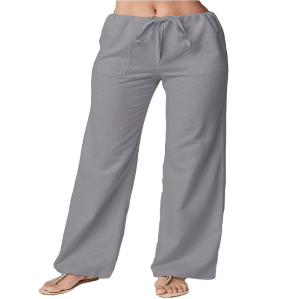 Ladies New Loose Lace-up Cotton and Linen Straight Casual Pants - Gray - L
