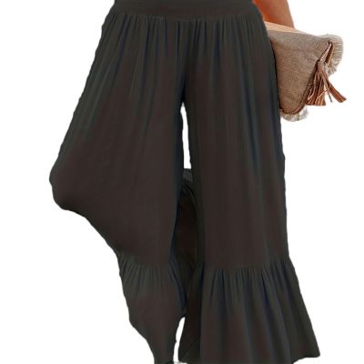 Women's Summer Casual Pants Ruffle Pleated Loose High Waist Ruffle Wavy Pattern - Black - M