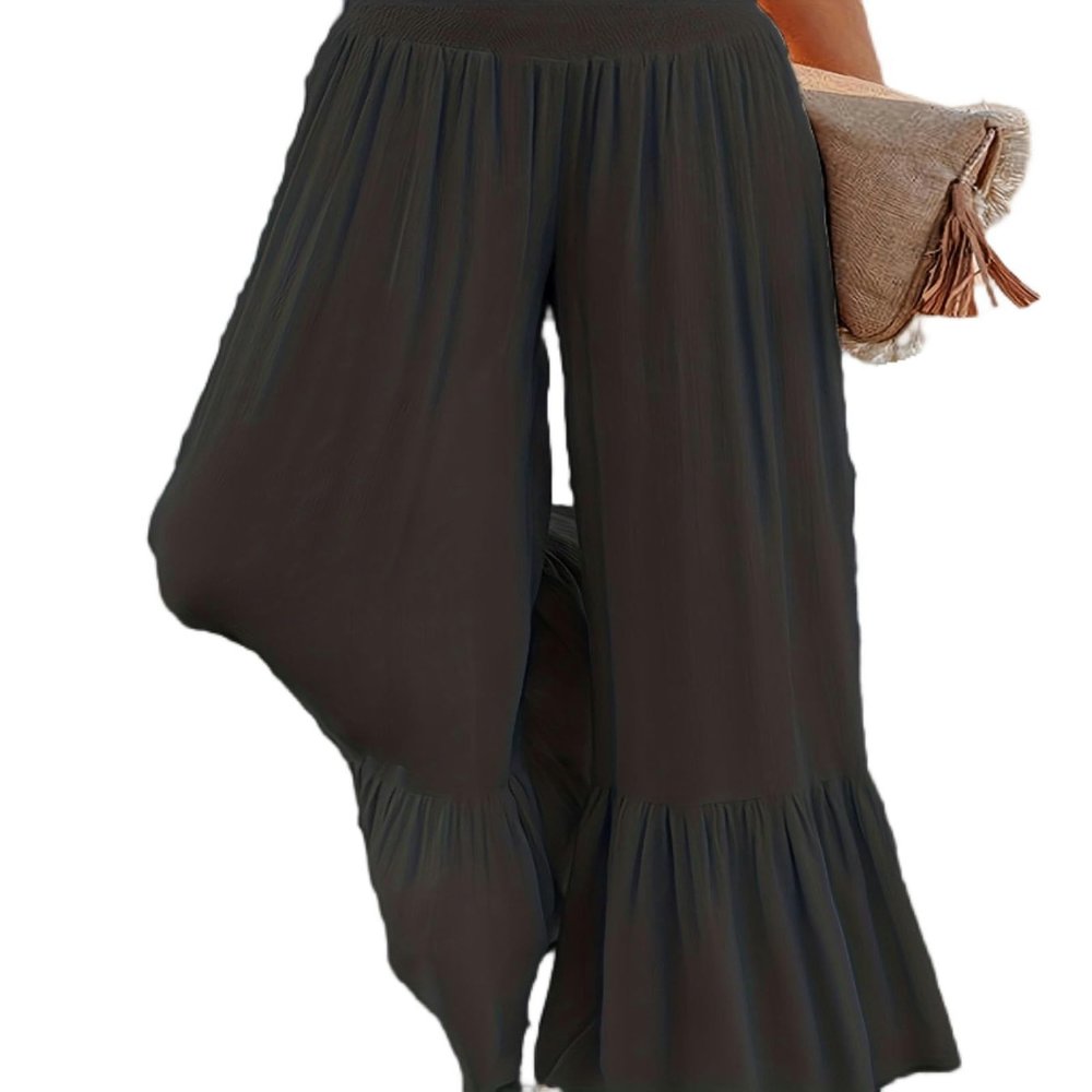 Women's Summer Casual Pants Ruffle Pleated Loose High Waist Ruffle Wavy Pattern - Black - M
