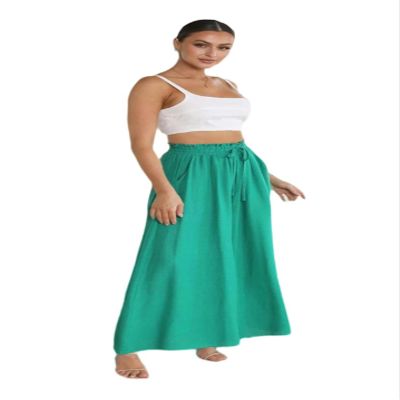 Spring and summer new women's wide-leg trousers elastic waistband wide-leg high-waist long skirt pants-green-L