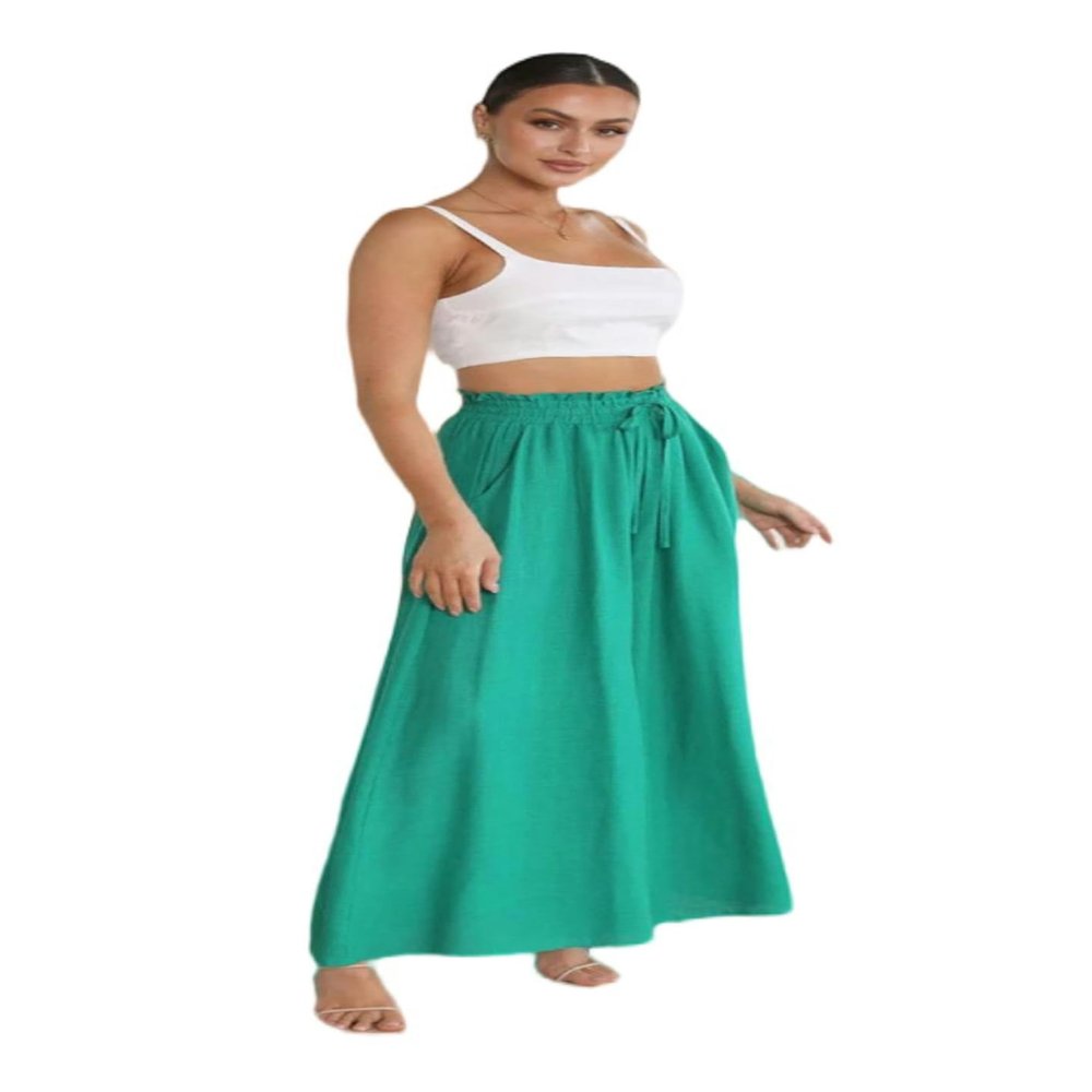 Spring and summer new women's wide-leg trousers elastic waistband wide-leg high-waist long skirt pants-green-L