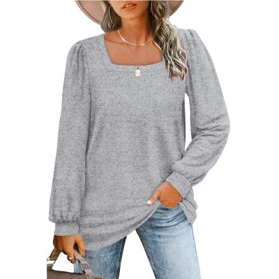Women's Winter New Loose Casual Puff Sleeve Square Neck Long Sleeve T-shirt - Light Gray - M