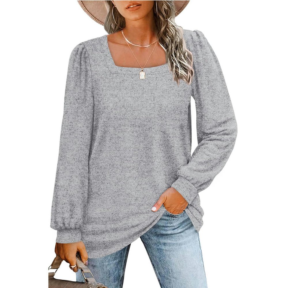 Women's Winter New Loose Casual Puff Sleeve Square Neck Long Sleeve T-shirt - Light Gray - M
