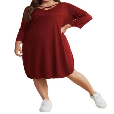 Large size women's long skirt fashion casual loose long sleeve dress nightdress - wine red - XXXXL