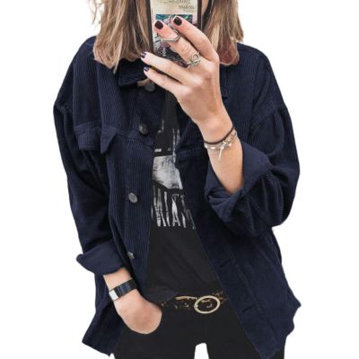 Corduroy Button Cardigan Long Sleeve Lapel Loose Thick Shirt Women's Clothing - Navy Blue - XL