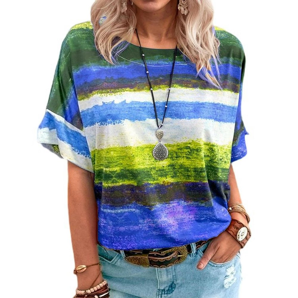 Ladies New Summer Gradient Color-blocking Women's Short-sleeved T-shirt - Blue - 4XL