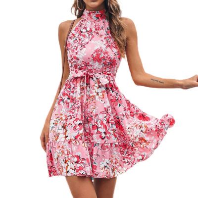 Spring and summer new lace-up ruffled large swing floral dress for women - pink - S