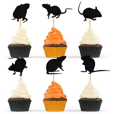 24 Pcs Halloween Cupcake Toppers Black Mouse Theme Party Cake Decoration Scary Festive Atmosphere Birthday Dessert Insert MGPFERD