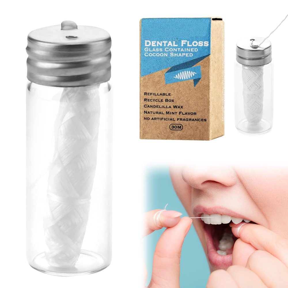 Natural Mint Flavor Silk Dental Floss White Silk Vegan Biodegradable Floss in Refillable Glass Bottle Organic Plastic Free 100% Plastic Cruelty-Free Oral Care