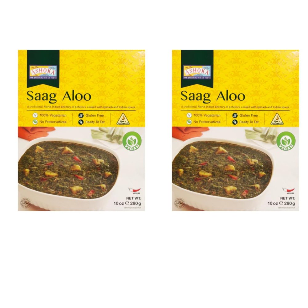 Ashoka Ready To Eat Saag Aloo - Authentic Indian Spinach & Potato Curry, 280g - Convenient, Flavorful, and Nutritious (Pack of 2)