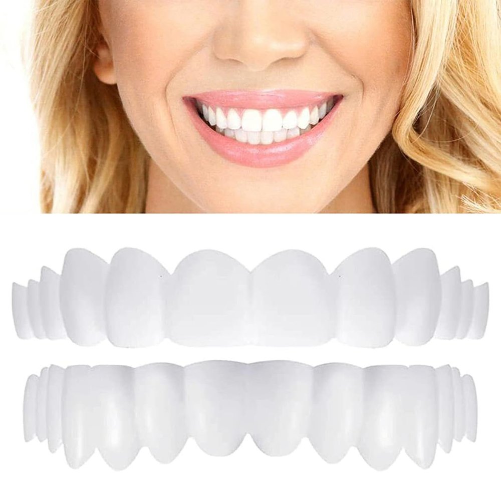 Dazzluxe 2 Pairs Perfect Smile Dentures Top And Bottom False Teeth, Cosmetic Teeth Veneers Instant Teeth Whitening Kit, Comfort Fit Snap on Veneers Teeth for Men And Women
