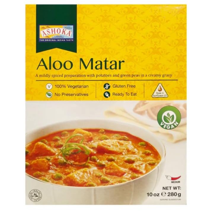 FreshCart Basics Ashoka Ready Meals Aloo Matar 280g | Authentic Indian Potato & Peas Curry | 100% Vegetarian | Microwaveable & Easy to Prepare (Pack of 1)