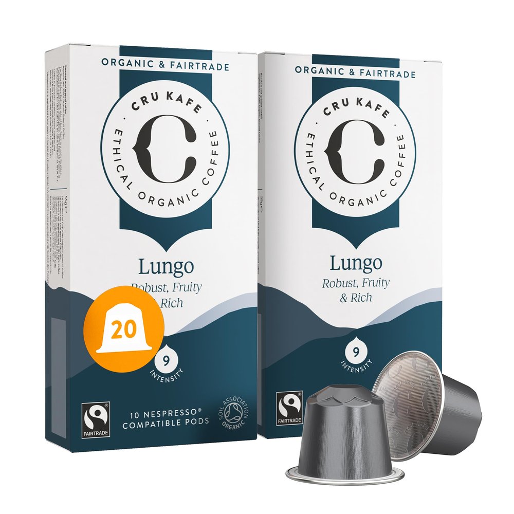 Cru Kafe Organic Lungo Arabica Espresso Single-Serve Coffee Pods (20 Pods) Compatible with Nespresso Original Line