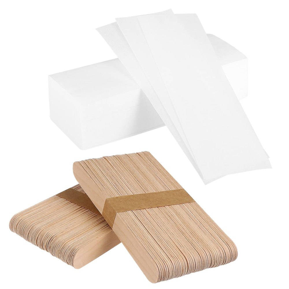 CANIGHT Hair Removal Wax Strips Sticks Set 200 Pcs Wood Applicators Non-woven Strips for Facial Hair Soft Hard Wax