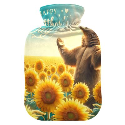 Bear Sunflower Happy Mother's Day Hot Water Bottle with Velvet Cover Hot Water Bag for Neck and Shoulder Pain Relief, 1L