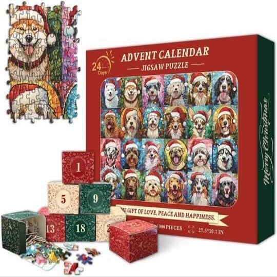 Happy Christmas Cats Advent Calendar Jigsaw Puzzle,Puzzle Advent Calendar 2024,Christmas Puzzle for Adults 1000 Pieces,Christmas Countdown Calendar 24 Days Jigsaw Puzzles,Gifts for Adults and Kids(Dog