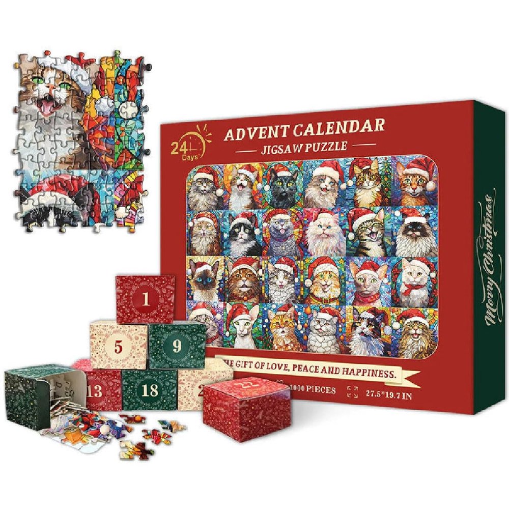 Happy Christmas Cats Advent Calendar Jigsaw Puzzle,Puzzle Advent Calendar 2024,Christmas Puzzle for Adults 1000 Pieces,Christmas Countdown Calendar 24 Days Jigsaw Puzzles,Gifts for Adults, Kids (Cat)