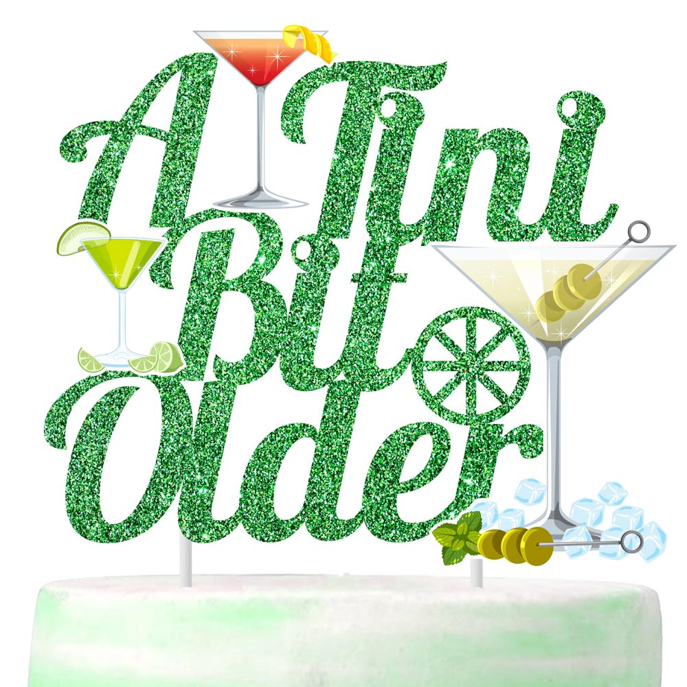 Baby Shower Decoration - Green Glitter Martini Cake Topper & Pick - Tini Bar Party Cake Decoration for Bachelorette Party Supplies