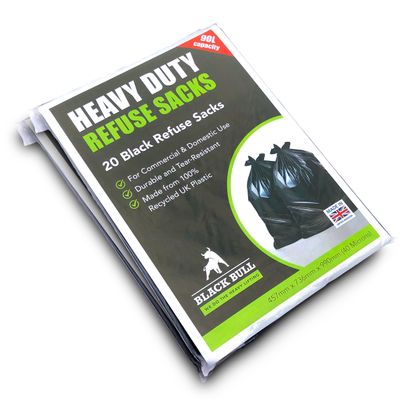 20 Heavy Duty Black Refuse Sacks - Extra Strong Bin Bags for Industrial, Commercial, and Domestic Use - Tear-Resistant, Perfect for Kitchen, Office DIY and Garden, 100% Recycled Plastic