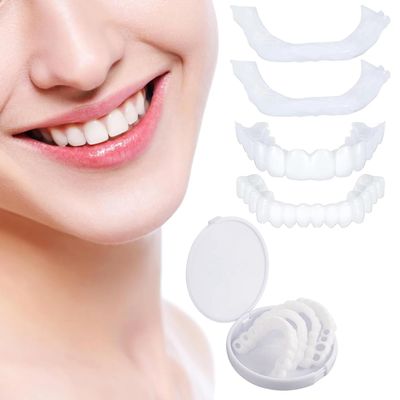 Dazzluxe 4 Pair False Teeth, Clip in Veneers Teeth for Upper And Lower Jaw, Silicone Snap on Veneer Dentures, White Cosmetic Artificial Fake Teeth, Confident Smile Teeth Whitening Kit
