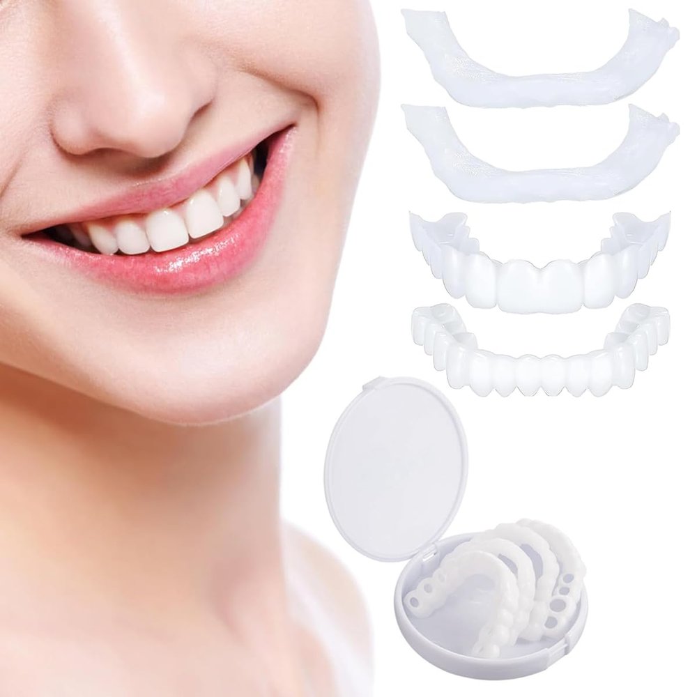 Dazzluxe 4 Pair False Teeth, Clip in Veneers Teeth for Upper And Lower Jaw, Silicone Snap on Veneer Dentures, White Cosmetic Artificial Fake Teeth, Confident Smile Teeth Whitening Kit