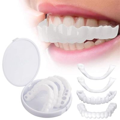 Dazzluxe False Teeth, 4 Pcs Clip in Veneers Teeth, Instant Cosmetic Veneers Teeth Upper & Lower Kit, Temporary Smile Fake Teeth, Comfort Fit Dentures for Cover Bad Teeth