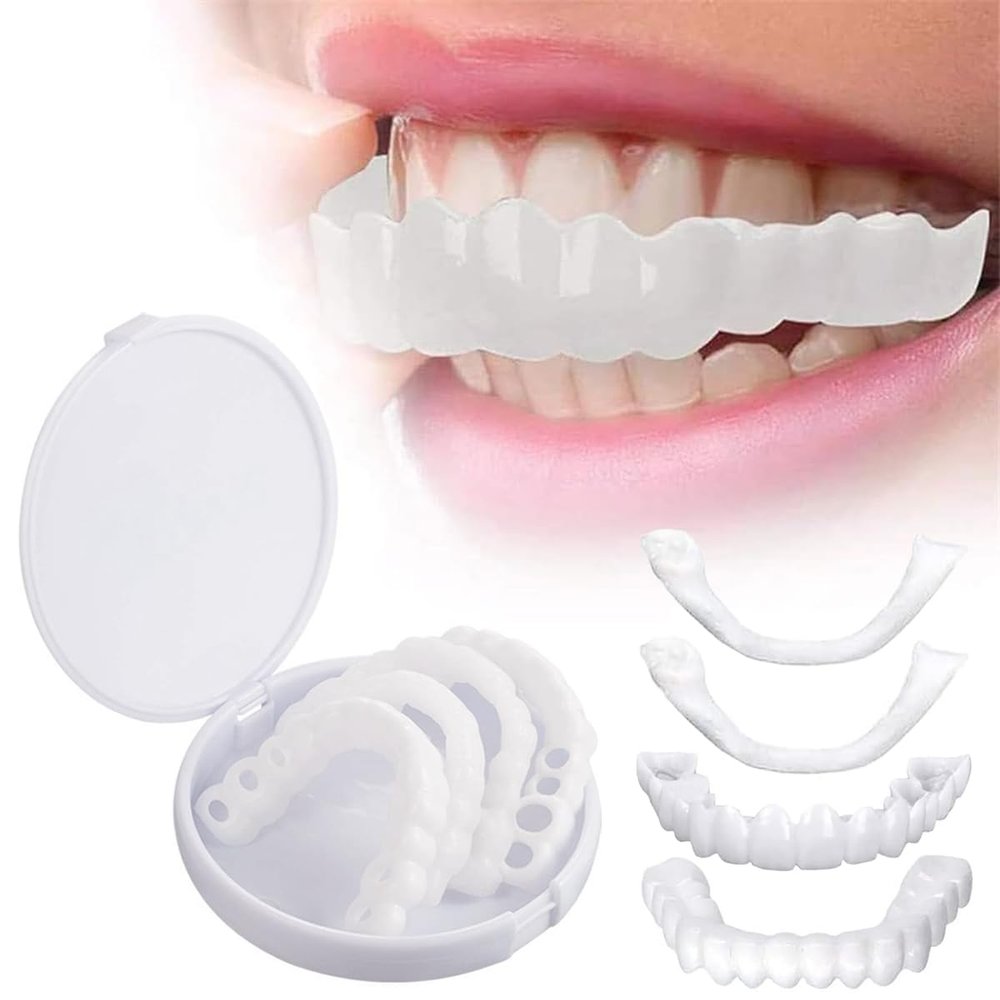 Dazzluxe False Teeth, 4 Pcs Clip in Veneers Teeth, Instant Cosmetic Veneers Teeth Upper & Lower Kit, Temporary Smile Fake Teeth, Comfort Fit Dentures for Cover Bad Teeth