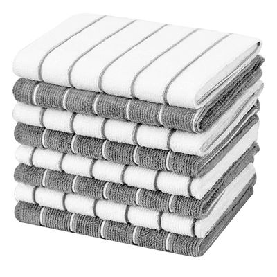 Rtppyakk Microfiber Kitchen Towels - Super Absorbent, Soft Dish Towels, 8 Pack Stripe Designed Grey and White Colors Reusable